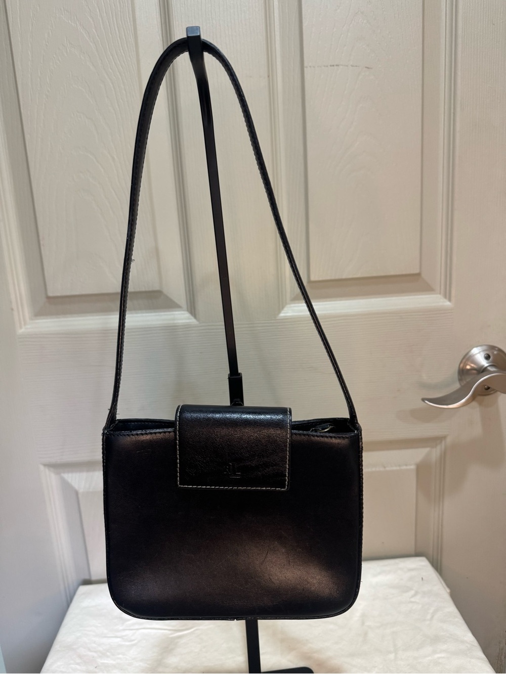 Vintage Lauren Ralph Lauren Black Leather Small Shoulder Bag Plaid Lining Y2K